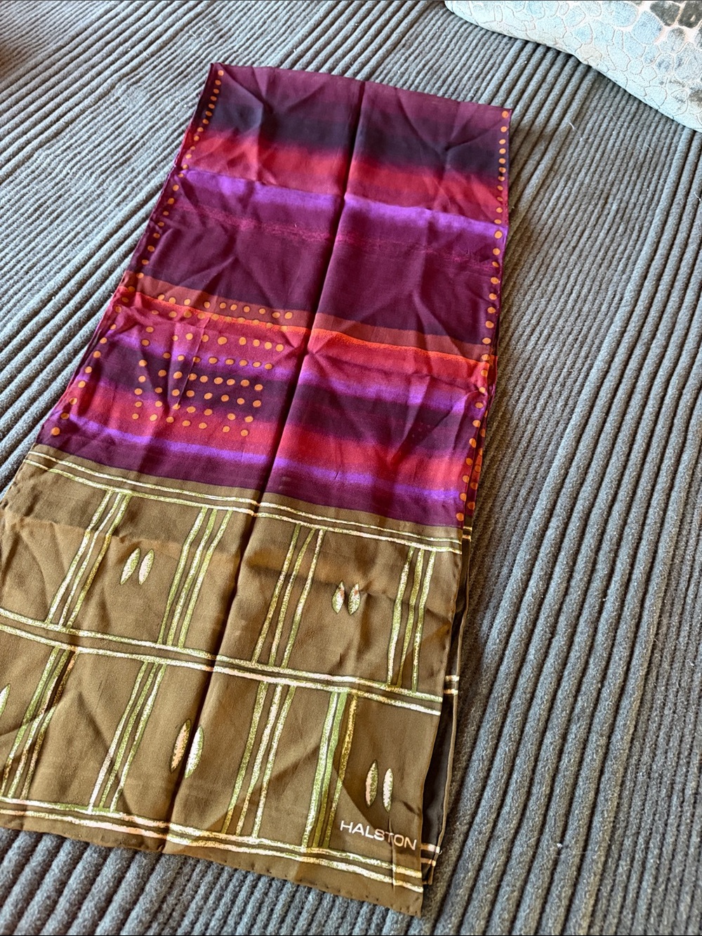 Halston Heritage Multicolor Silk Scarf in Plum, Purple, Red and Brown 60”